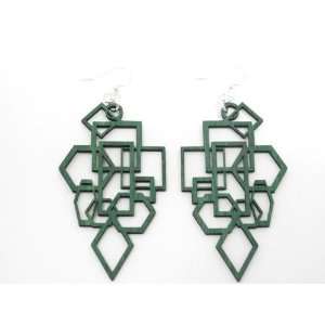  Kelly Green Geometric Diamond and Boxes Wooden Earrings 