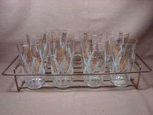 Glass Water Tumbers Golden Wheat w Metal Carrier  