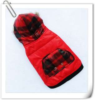 Red CHECK Fur Hoodie warm coat jacket dog pet clothes  