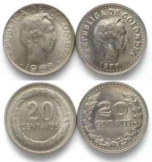 COLOMBIA 20 Centavos 1968,77 # 43100  