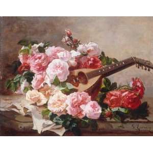 Kunstreproduktion Georges Jeannin Stilleben mit Rosen und Mandoline 