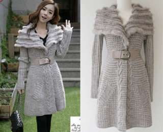  Wool blend Rabbit Fur Long Sleeve Sweater knit Jumper coat Jacket Belt