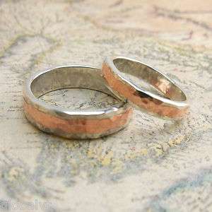 Hammered Sterling Silver & Copper Wedding Band Ring  