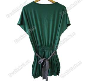   Batwing Dolman Short Sleeve Casual Cotton Mini Dress Green Casual