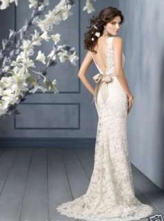 White/Ivory Lace V Neck Backless Wedding Dress Size 6 8 10 12 14 16 18 