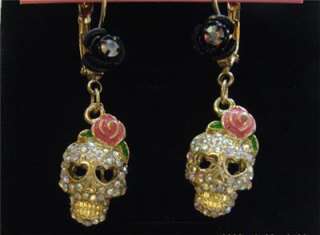 Skull with flower on head Betsey Johnson dangle earrings  