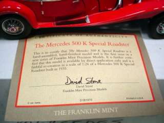1935 Mercedes 500 K Special Roadster 124 Scale, Franklin Mint, w/CofA 