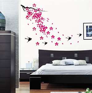 Pink Blossom Swallow Bird Removable Wall Decal Stickers  