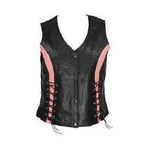  Xelment Womens Black/Pink Leather Motorcycle Vest with 