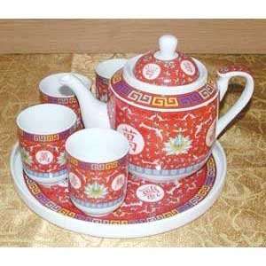  Tea Stop   Chinese Traditional Red Long Life Tea Set 