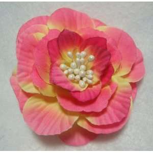   Pink and Yellow Camellia Flower Hair Clip and Pin Back Brooch: Beauty