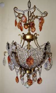 Antique Brass & Crystals Special Design Chandelier Pendant RARE 1950s 