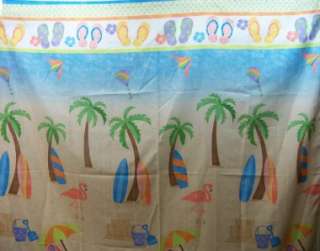Beach scene shower curtain with flip flops, sand, surf boards, ocean 