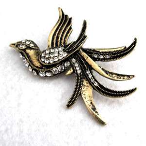 vintage bronze / gold crystal phoenix bird brooch pin  