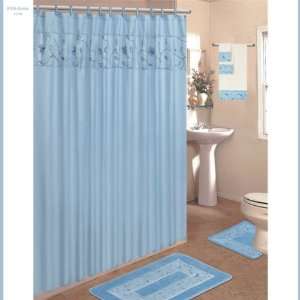Blue 18 Piece Bathroom Set: 2 Rugs/Mats, 1 Fabric Shower Curtain, 12 