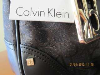 NWT Calvin Klein Black Brown Metallic Logo Satchel Hobo Bag Handbag 