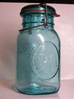   Ideal Blue Glass Wire Lock Canning Jar & Seal 1 Quart U.S.A.  