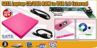 SATA to USB Cable External CD DVD ROM RW Drive Laptop Pink Caddy Case 