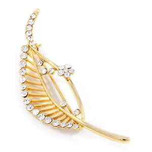  Goldtone Clear Rhinestone Leaf Brooch Pin Jewelry