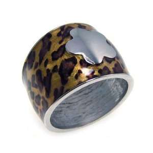   Silver Flower Center Brown Leopard Design Ring Size 6 Jewelry