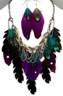    purple feather, rhinestone, chain bib necklace & earring set  