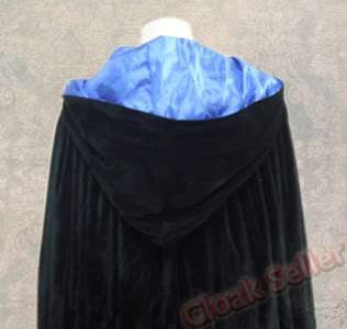 Black Hood Cloak Blue silk Wedding Cape Wicca Medieval  