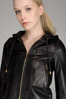 Juicy Couture Black Hooded Leather Jacket for women  