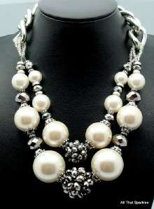 Big Bold Chunky Faux Pearl Crystal Fashion Necklace  
