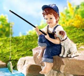Little Boy and His Puppy Fishing Garden Fountain Pond Statue NEW 