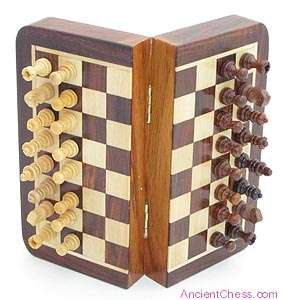 CHESS SET, TINY 5 INCH MAGNETIC FOLDING INLAID BOARD, ALL WOOD  