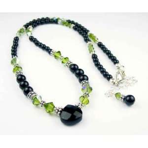 Black Onyx Beaded Gemstone Necklace w/ Dark Peridot(Olivine) Crystals 