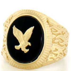  10K Solid Yellow Gold Oval Onyx Eagle Mens Ring Jewelry