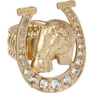  Gold Tone and Crystal Lucky Horse & Shoe Stretch Ring fits 