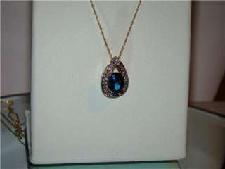 10K YG London Blue Topaz Tear Drop & Diamonds Pendant Necklace, 18 