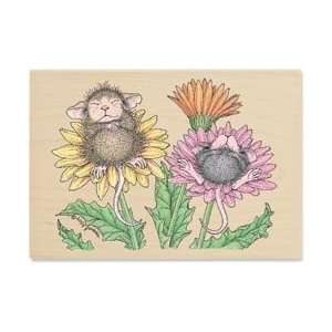  House Mouse Mounted Rubber Stamp 3X4.5 Bed Of Flowers 