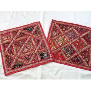  2 Red Indian Sari Kundan Decorative Throw Cushions