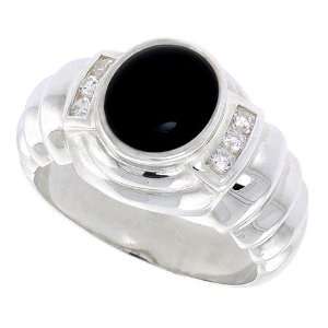  Sterling Silver Mens Ring w/ an Oval shaped Black Onyx & 6 