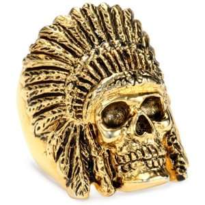   Mens Gold Plated Brass Indian Chief Skull Gold Ring, Size 11 Jewelry