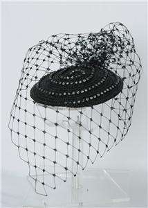 Black Pill Box Hat Fascinator Veil & Diamante wedding  