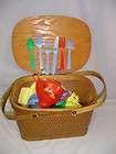 Childs Wooden Picnic Basket With Plastic Tea Set 6.25 Tall Vintage