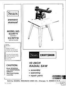  Craftsman Radial Arm Saw Manual No.113.197751  