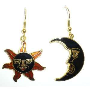  Black Cloisonne Sun & Moon Pierced Earrings Jewelry
