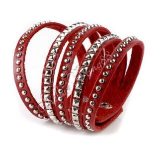   Fashion UniSex Belt Button Stud Leather Bracelet /w Buckls ( Red