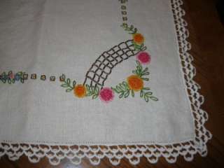 VINTAGE SQUARE EMBROIDERED FRENCH KNOTS LACE TRIM TABLE RUNNER 36X35 