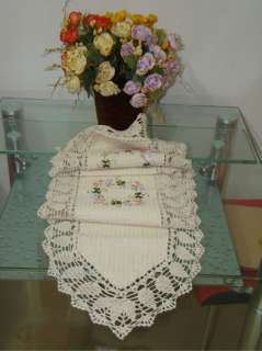 Hand Crochet Silk Ribbon Embroidered Table Runner 78  