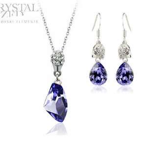  Violet Tanzanite Crystal Rhodium Plated Pendant and Earrings 
