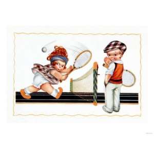  Children Playing Tennis Giclee Poster Print, 16x12