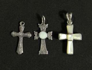 ANTIQUE STERLING SILVER MOTHER PEARL MOP CRUCIFIX CROSS NECKLACE 